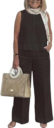 2 Piece Linen Set for Women Solid Color Tank Top and Wide Leg Pants Suits Dressy Matching Sets with Pockets