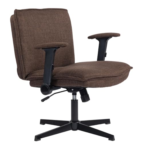 HOMCOM Silla de Oficina Piernas Cruzadas, Silla de Escritorio con Reposabrazos Abatible, Asiento Ancho de 63 cm, sin Ruedas, Altura Ajustable, Giratoria, Función Basculante, Tapizada en Lino, Marrón
