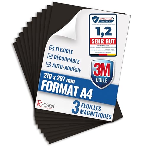Film Magnétique Autocollant Reorda DIN A4 - Lot de 3 Feuilles Adhésives avec 3M Puissantes - Plaques Découpables pour Réfrigérateur, Tableau, Affiches et...