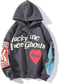 YXR Lucky Me I See Ghosts Hoodie Women Graffiti Letter Print Hooded Sweatshirt Men Hip Hop Casual Hoodies Pullovers Streetwear Tops(Size:L,Color:Grey)