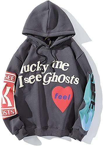 YXR Lucky Me I See Ghosts Hoodie Women Graffiti Letter Print Hooded Sweatshirt Men Hip Hop Casual Hoodies Pullovers Streetwear Tops(Size:L,Color:Grey)