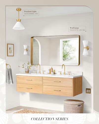 Image of Modern Wall Sconce Set of 2, HWH 2-Light Up Down Wall Light Indoor Vanity Wall Lamp, Brushed Gold Bathroom Vanity Sconce Frosted White Striped Glass Shade, 5HZG97B-2W-2PK BG
