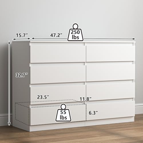 Vibe & Dine 8 Drawer Double Dresser, Modern Chest of Drawers with Wide Storage for Closet, Bedroom, Living Room, White - Image 4