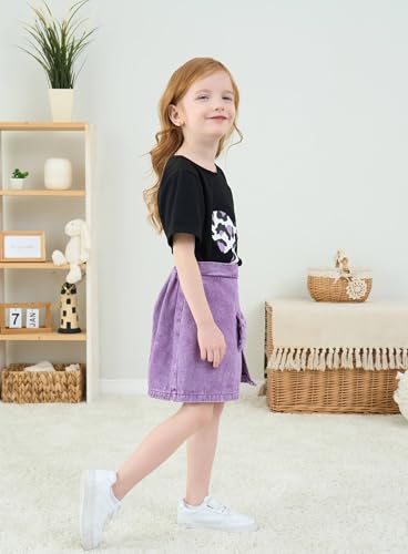 Image of Azmxynol Kid Girls Clothes Outfits Bowknot T-Shirt + 2 In 1 Denim Short Skort Summer Clothing Set, Size 4-10 Years