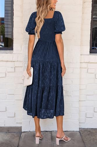 PRETTYGARDEN Women's 2025 Summer Casual Midi Dresses Square Neck Short Sleeve Smocked A Line Floral Flowy Elegant Boho Dress2