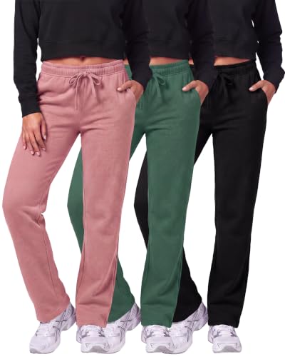 Image of Real Essentials 3 Pack: Women's Relaxed Fit Fleece Open Bottom Sweatpants - Casual Athleisure (Available in Plus)
