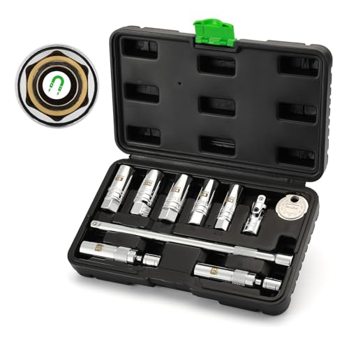 TecoTek 10PCS 3/8' Drive Magnetic Spark Plug Socket Set, Swivel Spark Plug Socket, 9/16', 5/8',...