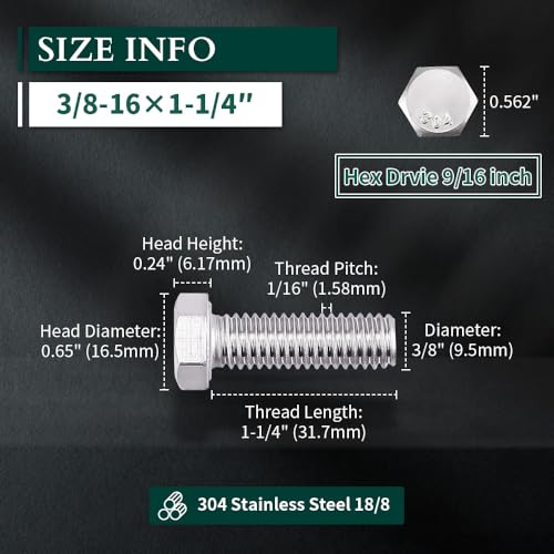 Image of 3 /8-16 x 1-1 /4 inch Hex Head Bolts Screws, 304 Stainless Steel 18-8, Fully Threaded, Hexagon Head Cap Bolts Screws, Coarse Thread UNC, 10 PCS