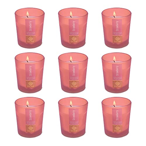Image of EKAM Strawberry Votive Soy Wax Scented Candle, 40 Grams, 10 Hours Burn Time| Long Lasting Premium Candles | Ideal for Home Decor | Gifting & Aromatherapy (Pack of 9)