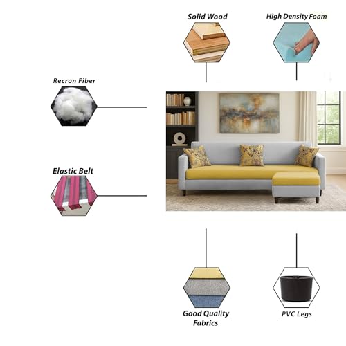 Image of Casaliving Premium Lifestyle Fabric 5 Seater L Shape Sofa Set 4 Seater Modern Sofa Set & Ottoman for Living Room (Yellow Grey Color)