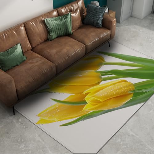 Tapis tulipe jaune lavable en machine résistant pour salon blanc