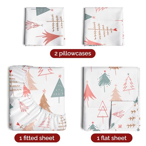 Full Christmas Christmas Tree Sheet Set - Holiday Xmas Pattern Bedding Set - Deep Pockets - Snug Fit - 4 Piece - Wrinkle Free - Cooling Comfy Festive Winter Holiday Sheets for Women, Men, Kids & Teens