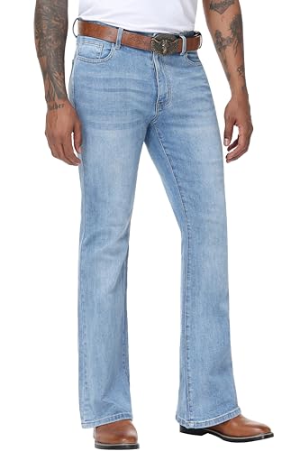 MZNBURAM Mens Stretch Slim Fit Bell Bottom Cowboy Denim Disco Pants Flared Jeans-31 Inseam (32 A#Light Blue)