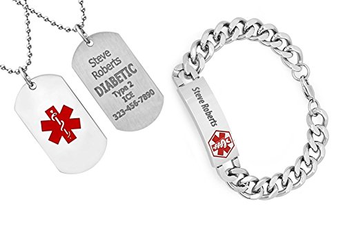 EngraveKING Free Engraving - Stainless Steel Medical Id Bracelet and Necklace Combo