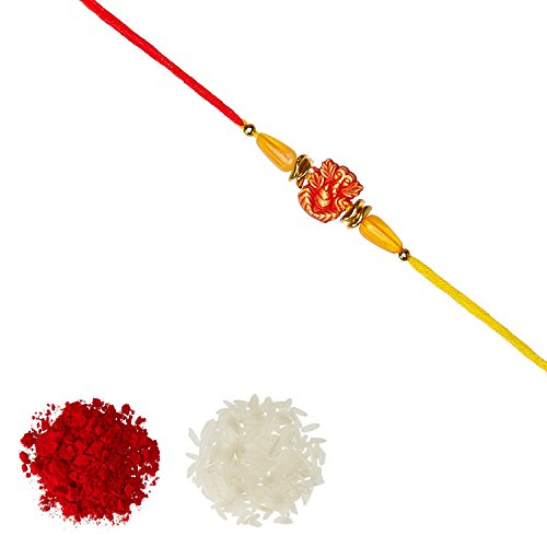 Image of Aheli Religious Ganesh Beads Rakhi with Roli Chawal Tilak For Men Boys (Golden) (R21740)