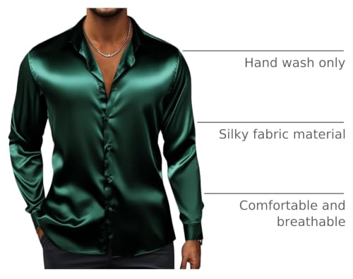 Image of Hi-Tie Men's Silk Satin Dress Shirts Long Sleeve Shiny Casual Button Up Shirts Luxury Party Disco Prom Wedding Shirt