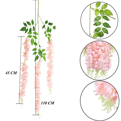 Image of Tdas Artificial Flower Wisteria Hanging Vine for Home Decoration Plants Plastic Flowers Decor Items Decorative Bunch Creepers Garlands Leaves Wedding Room, 110 CM (Light Pink, 6 Pieces)
