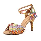 YKXLM Latin Dance Shoes for Women Ballroom Salsa Tango Professional Performance Practice Dancer Beginner,3.33' Heel,Colorful,7 US