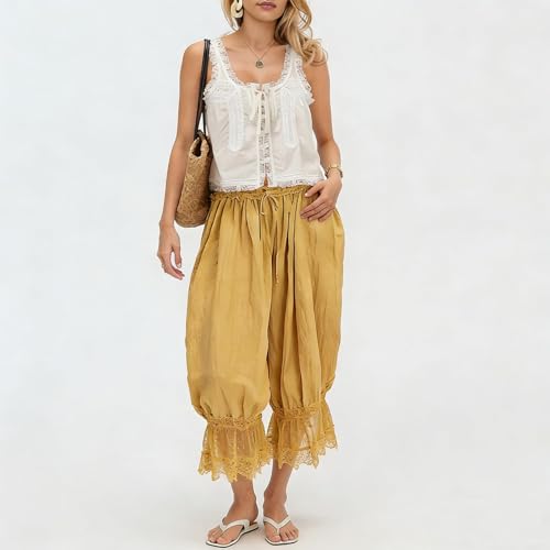 Image of KOSUSANILL Women Long Bloomer Pants Lace Trim Ruffle Pantaloons Cropped Lounge Pajama Bottoms Y2K Capri Pettipants