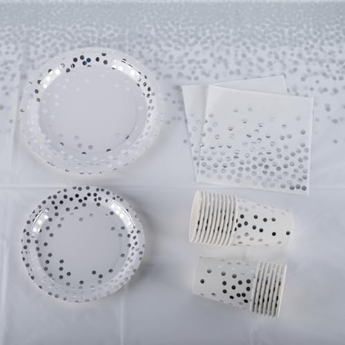 50 Pack 9 Inch (23cm) Paper Plates - White & Silver Polka Dot Design for Wedding, Anniversaries, Christmas and Events, Silver Party Decorations - Image 5