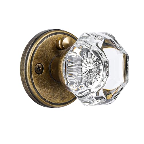 CLCTK Glass Door Knobs Interior with Lock, Vintage Crystal Privacy Antique Brass Octagon Door Knobs for Bedroom Bathroom, 1 Pack