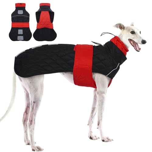 Wasserdichter Windhundmantel mit reflektierender Stange und Fleecefutter, verstellbare Bänder für große Hunde, Rot, Größe XXXL
