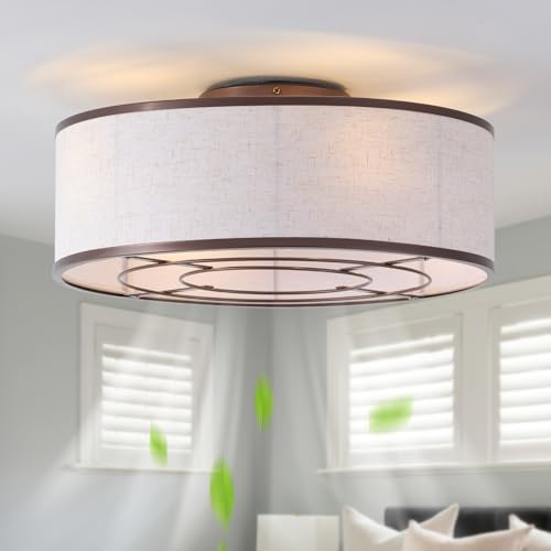 Image of 20 inch Brown Ceiling Fans with Lights, Boho Flush Mount Ceiling Fan with Light and Remote, Drum Fabric with 6 Speeds for Bedroom, Nursery, Living Room