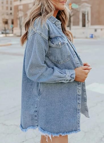 The Beauty North Denim Jacket, Women’s Oversized Button Up Frayed Hem Shacket Long Sleeve Pockets Denim Jean Jacket3