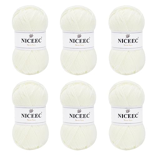 Image of NICEEC 300g Soft Assorted Colors Yarn - Sport Weight,100% Acrylic, 4 Ply, Bonbons Yarn for Crochet & Knit, DIY Project Starter Kit for Kids or Adults(Total 870yds) - White
