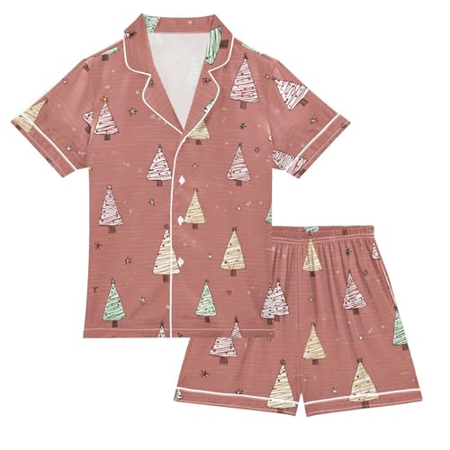 Satin Pajama Sets Short Sleeve Cute Christmas Trees Button Down Silky Nightwear 2 Piece PJS 5-14Y