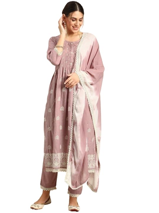 Image of Amazon Brand - Tavasya Womens Embroidered Kurta Pant Set With Trousers With Prinred With Lace Dupatta