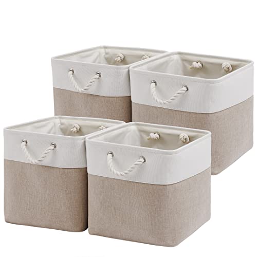 Image of MidmmVick 13 x 13 Inch Cube Storage Bins, 4 Pack Large Collapsible Fabric Storage Bin with Ropes, Foldable Storage Cubes for Home, Office,Closet, Clothes, Toys Organizer (White & Beige)