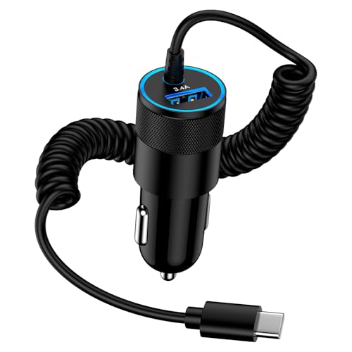 USB Zigarettenanzünder Adapter, 3.4A Schnell Kfz Ladekabel USB C Auto Ladegerät mit 1.2M Spiralkabel USBC für Samsung Galaxy S25 Ultra/S24 FE/S23/S22/S21/A56 5G/A55/A54/A36/A17/A16/A15, iPhone 16/15