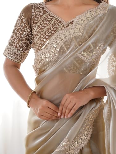 Image of Satrani Women's Tissue Silk Sequin Embroidery Scalloped Border Saree with Unstitched Blouse Piece