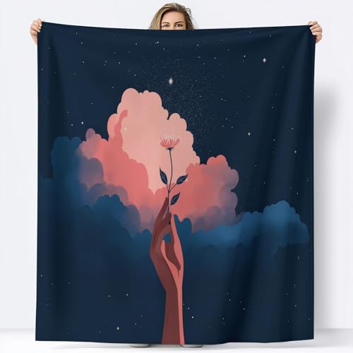 Generisch Flanelldecke Kuscheldecke 100 x 130 cm, Kinder Erwachsener Flauschig Minimalistisch Wolken Blumen Hand Decke Wohndecken - Überwurf Tagesdecke für Bett Sofa Schlafzimmer Büro, Tiefblau