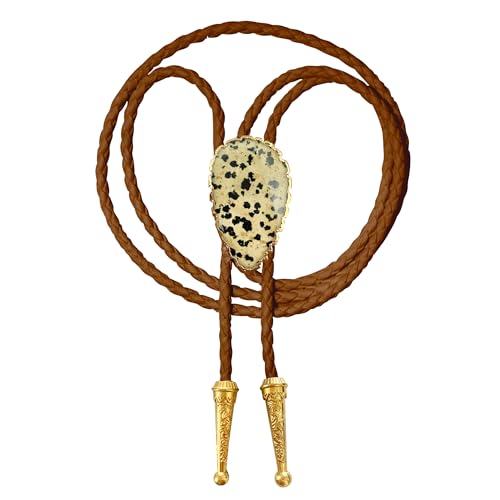 Image of Daisy Del Sol Gemstone Bolo Tie Braided Vegan Faux Leather Natural Stone Gold Handmade Necklace Adjustable Boho Western Jewelry