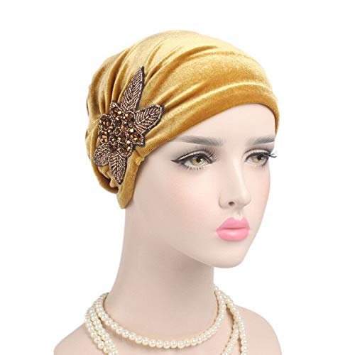 Yiyi Operation Women's Stretch Velvet Turban Hat Cancer Chemo Beanie Beaded Flower Hair Wrap Cap Headwear (Yellow) #TOP1