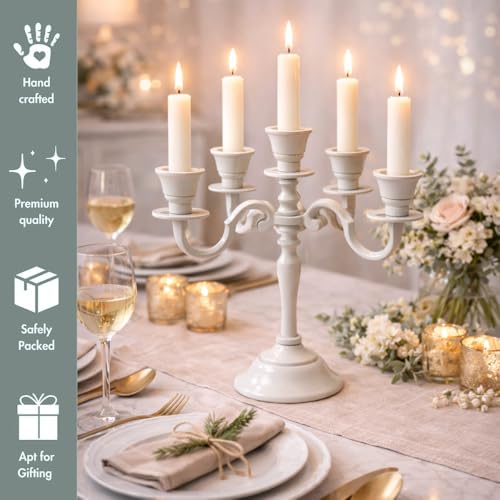Image of Aluminum 5-Arm 8inch Ivory Candelabra for Dining Table | Vintage Candle Stand for Romantic Dinner, Home & Wedding Decor