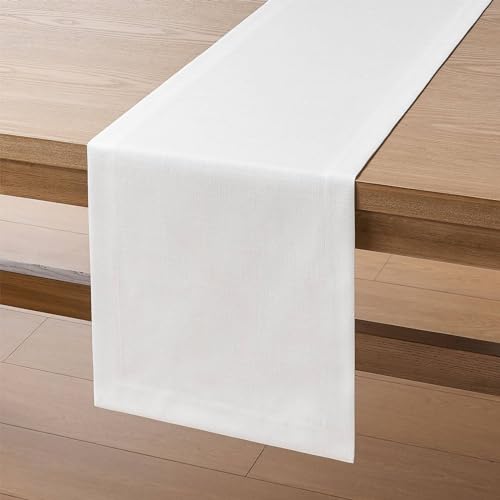 Image of ZeeMart Linen Textured Border Table Runner, 14 x 108 Inch White, Farmhouse Style White Table Runners 108 Inches Long, Easy Care Everyday Polyester Table Runner