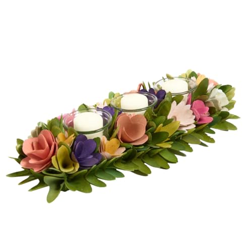 Tea Light Candle Holder Christmas Table Decoration Tealight Holders Birchwood Table Centrepiece Décor with Multicoloured Wooden Roses and Artificial Foliage (Triple)