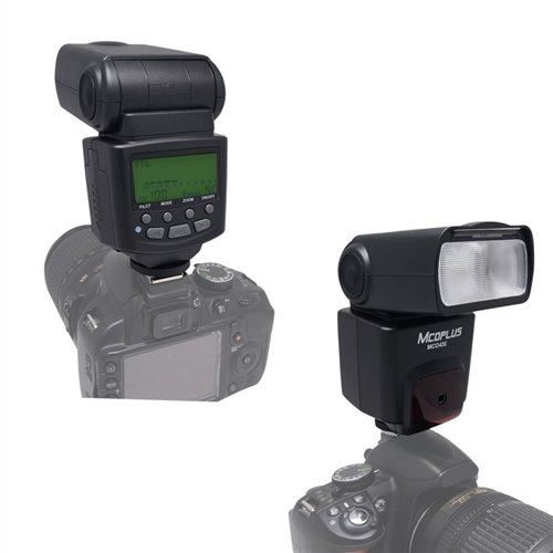 Two views of the Mcoplus MCO-430 Speedlite mounted on a camera. One shows the flash head straight, the other tilted.