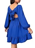 blibean Girl Long Sleeve Tie Back Dress Teens Fall Boho Semi Formal Dresses Tweens Holiday Off Shoulder Outfits Little Kids Fancy Party Valentines Clothes Size 10-11 Years Old Royal Blue