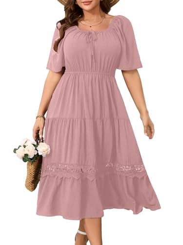 Image of RWJ Women's Plus Size Maxi Dress Short Sleeve Square Neck Flowy A-Line Lace Trim Flutter Party Casual Off Shoulder Dresses