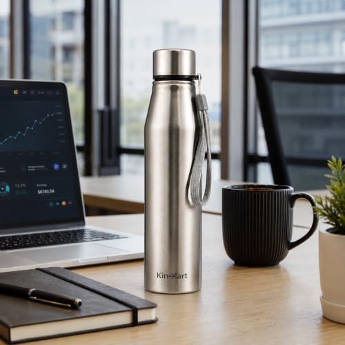 Image of Kin-Kart Water Bottles 1000 ml Stainless Steel Water Bottle 1 Litre | Eco friendly Steel BPA Free Leakproof Water Bottles for School, Office, Home, Gym (LONG, SILVER)