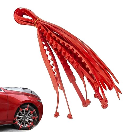 Zehiony 10 PCS Car Tire Snow Chains, Non-slip Adjustable Straps with Serrated Zip, Reusable Emergency Tire Grip Strap for Snow & Ice & Mud, Portable Accessory for Most Cars SUVs (Red)