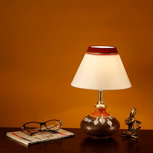 Image of AAKRITI ART CREATIONS Terracotta Table Lamp for Study Room, Bedroom & Living Room Decoration | Floral Hand-Painted Leaf Motif Bedside Lamp with Cotton Fabric Shade | Aesthetic Night Lamp