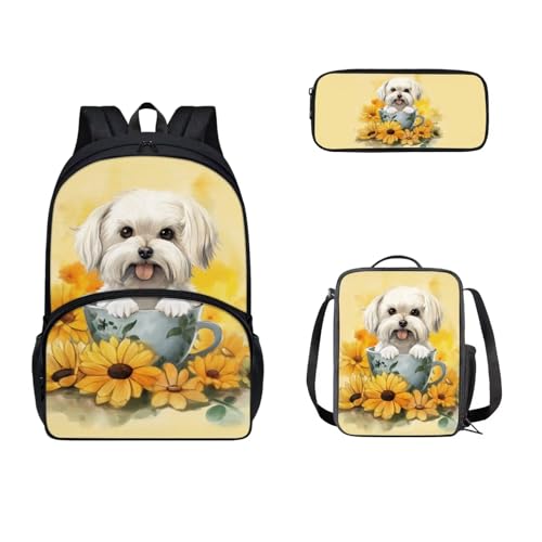 Zaino per bambini per la scuola Sachool zaino con portapranzo e astuccio 3 pezzi Girasole Cane 17 pollici