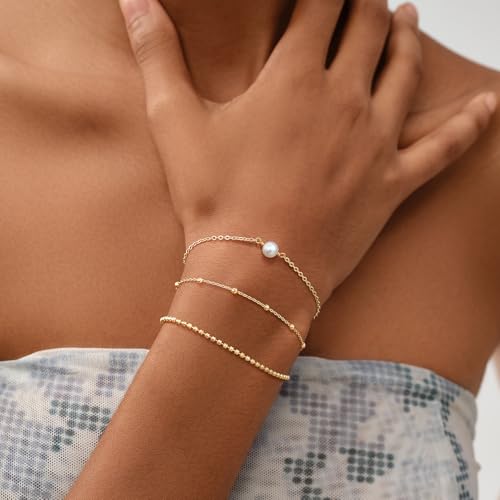 MEVECCO Gold Beaded Bracelets,18K Gold Plated Handmade Cute Satellite Diamond Cut Oval and Round Beads Rope Chain Dainty Bracelet for Women3