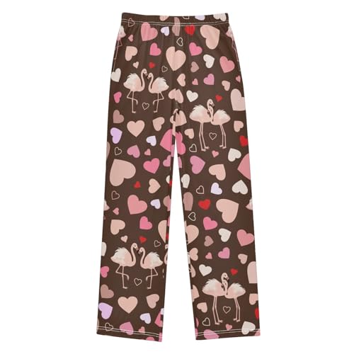 Flamingo Sweet Love Heart Boys Long Pants Soft Trousers Elastic Waist Kids Lounge Bottoms with Pockets S-XL
