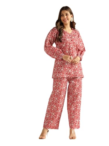 Image of DHRUVI TRENDZ Co Ord Set for Women Stylish | Ethnic Cotton Casual Cord Set | Stylish Summer Kurta & Pant Set | Casual Daily Outfit Night Suit for Women | Full Sleeve Top with Relaxed Fit Trousers